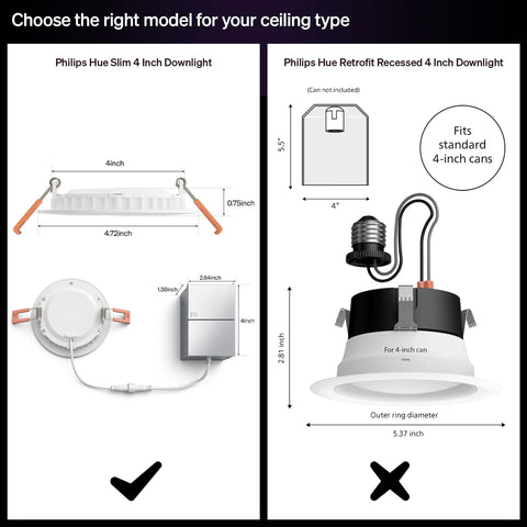 Philips Hue Slim 4 Inch Downlight and Retrofit Recessed 4 Inch Downlight showing dimensions for ceiling installation.
