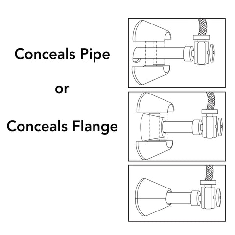 Diagram showing K857-20 Clip On Deep Flange Cover for half-inch pipe in chrome, easy install, concealing pipe or flange.