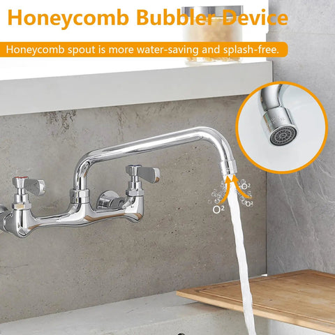 Heavy Duty Wall Mount Utility Sink Faucet With 10 Inch Chrome Swivel Spout, 2-Handle Bar Style Mixer Tap For Laundry And Kitchen