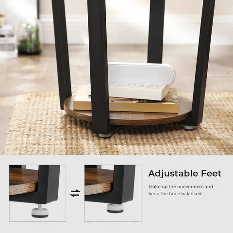 Round Side End Table Featuring Two Tier Storage Shelf No Sweat Assembly Nightstand For Cramped Rooms with adjustable feet.