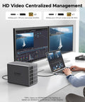 Goated Five Bay External Hard Drive Enclosure Rocking Thunderbolt 3 And 4 Compatibility With Blazing 40Gbps USB C Hub Transfer Speeds, used for HD video management with dual 4K displays.