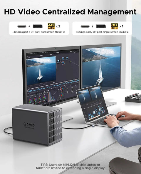 Goated Five Bay External Hard Drive Enclosure Rocking Thunderbolt 3 And 4 Compatibility With Blazing 40Gbps USB C Hub Transfer Speeds, used for HD video management with dual 4K displays.