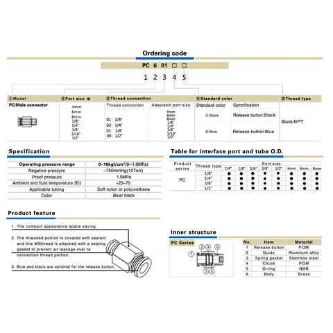 Diagram showing specifications for 5/16 Inch Push To Connect Pneumatic Fittings 1/4 Inch NPT Male Threads Quick Connect Air Hose Connectors.