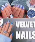 Collage of hands showing blue velvet nails with text 'Velvet Nails', featuring different angles and accessories.