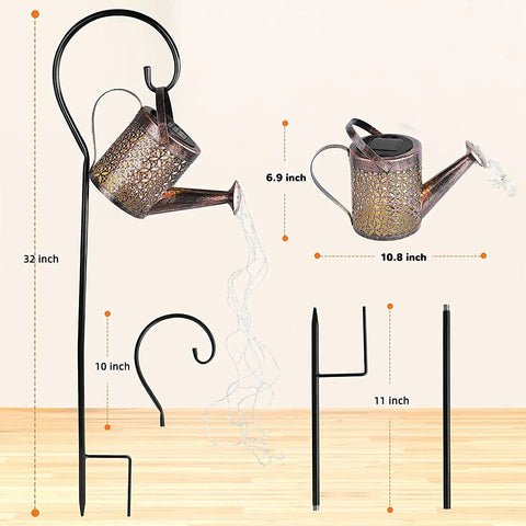 Solar Garden LED Light Watering Can Fairy Lights For Pathway Yard Lawn Patio Decor Outdoor Stake Light, dimensions shown