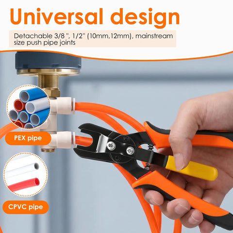 3 In 1 Angled Air Line Removal Pliers For Quick Release Of Push To Connect Pneumatic Fittings One Quarter To One Half Inch Your Go-To Tool For Auto Shop And DIY Air Hose Work, angled black orange pliers for 3/8 and 1/2 inch PEX CPVC pipe