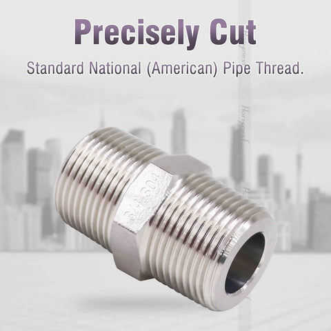 Stainless steel hex NPT pipe fitting adapter with 3/4 NPT male threads, 1 in O.D.