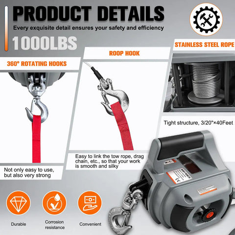 Portable Drill Winch 1000 Lb Pulling Capacity With 40 Foot Alloy Steel Wire Rope Lightweight 11 Lb Hand Winch product details