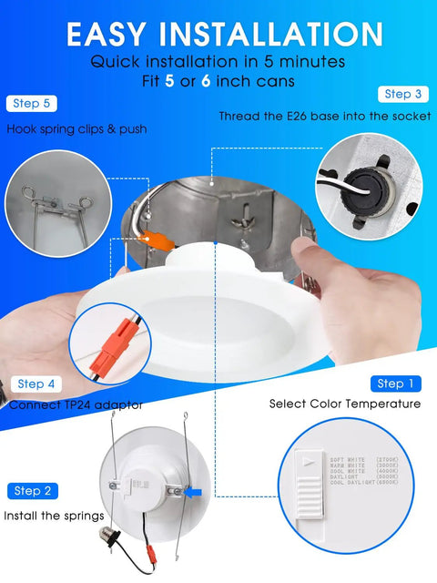Easy installation guide for 12 Pack 5 To 6 Inch LED Recessed Can Lights showing steps and connections