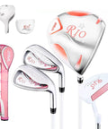 Womens 4 Piece Golf Club Set Right Handed With Lightweight Graphite Shafts Easy Handling With Soft Grips Driver Irons Putter And Golf Bag Beginner Friendly Starter Kit In Multiple Color Options displayed in pink and silver.