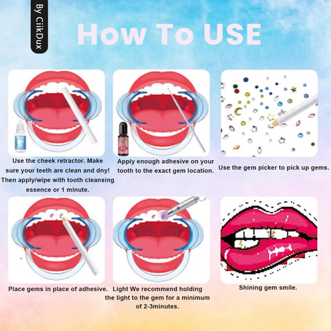 Instructions for Diy Tooth Jewelry Kit With 770 Crystals And 12 Shapes Bedazzle Gems Teeth Jewelry Starter Set application