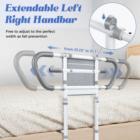 Adjustable Bed Rails For Elderly Safety Up To 400 Lb With Pocket Portable Assist Handle showing extendable left-right handbar.