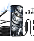 Dual Lens Endoscope Camera With Light For Tight Spaces 1920x1440 HD 2.0MP Sewer Inspection Camera 16.5 Ft Semi Rigid Cable 360 Degree View With Bright LEDs Waterproof Inspection Tool For Plumbing And Machines showing phone, probe, and adapters
