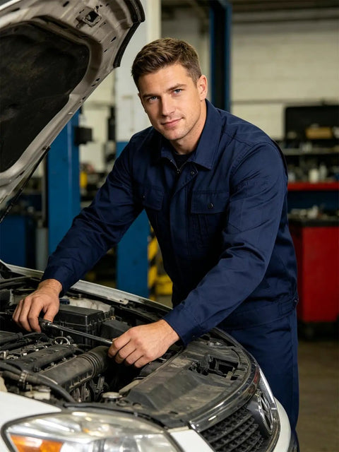 Kick Ass Heavy Duty Men's Long Sleeve Work Shirt And Custom Printed Industrial Uniform For Mechanics And Factory Crews Featuring Thick 100 Percent Cotton Gear, worn by a mechanic working on a car engine.