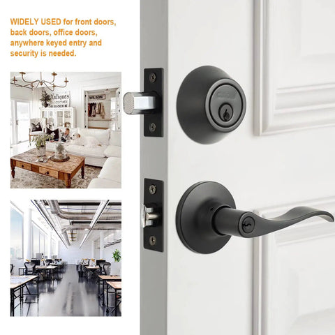 Matte Black Front Door Lock Set With Single Cylinder Deadbolt And Wave Lever Keyed Entry For Right Or Left Handed Doors Built To Last Durable Front Door Hardware For Easy Secure Home Entry shown on door