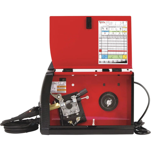 Compact And Portable Mig Welder Perfect For DIY Projects Uses Flux Core Or Mild Steel Easy To Operate At Home With 120 Volt Power open view showing internal components.