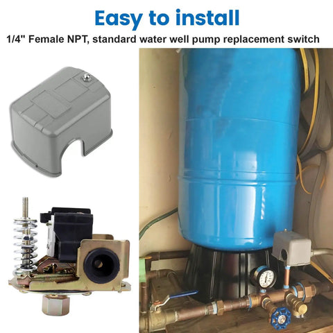 Well Pump Pressure Switch 40 To 60 Psi With Adjustable Differential And 1/4 Inch NPT Female Fittings, installed on water system