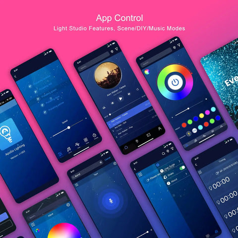 Smartphone screens displaying app control for 120ft Bluetooth RGB LED Strip Lights With App Control, vibrant color scenes visible.