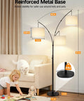 Arc LED Floor Lamp With Three Light Heads, 81 Inch Tall Black Modern Standing Lamp With White Shade next to child and pet