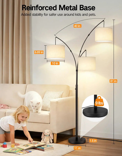 Arc LED Floor Lamp With Three Light Heads, 81 Inch Tall Black Modern Standing Lamp With White Shade next to child and pet