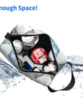 Open Travel Toiletry Organizer Bag For Women And Men, Waterproof Dopp Kit showing makeup bottles and wash accessories spilling water, 10x4.9x6.2in