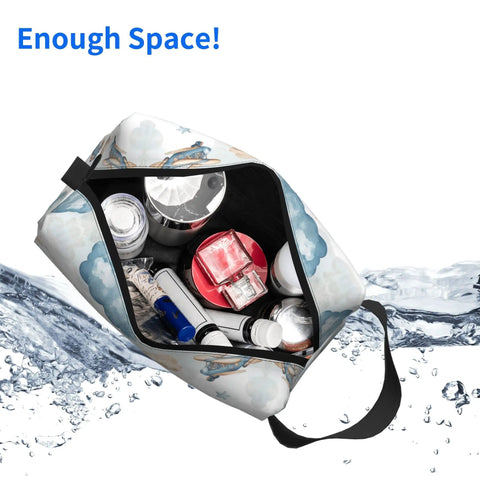 Open Travel Toiletry Organizer Bag For Women And Men, Waterproof Dopp Kit showing makeup bottles and wash accessories spilling water, 10x4.9x6.2in