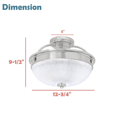 Dimensions of Three Light Semi Flush Mount Ceiling Light In Brushed Nickel With Patterned Glass Shade, Dimmable And UL Listed.