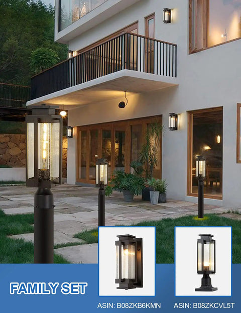 Heavy Duty 18 Inch Outdoor Post Light Lantern With Pier Mount Base, IP65 Waterproof Black Finish And Seeded Glass in garden