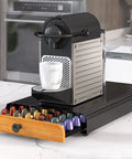 Coffee Pod Drawer Organizer For Nespresso OriginalLine Capsules Holds 60 Pods in black, open with colorful capsules, kitchen counter view