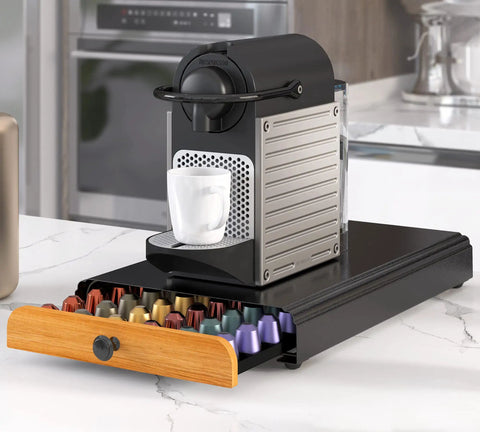 Coffee Pod Drawer Organizer For Nespresso OriginalLine Capsules Holds 60 Pods in black, open with colorful capsules, kitchen counter view