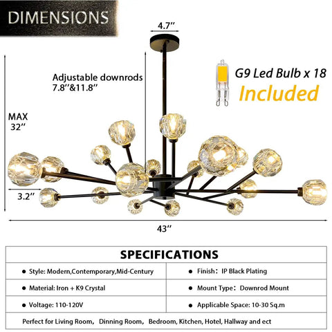 42 Inch Crystal Chandelier Modern Ceiling Light Fixture With 18 Lights For Dining Room G9 Bulbs Included Design and Dimensions Chart