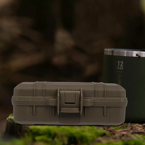 Tough As Nails Heavy Duty Plastic Toolbox With Interlocking Stackable Design And Thick Three Layer Foam Cushioning For Job Site Ready Water Resistant Gear Storage And Drop Safe Protection on a mossy stump.