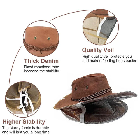 Pro Grade Beekeeping Cowboy Hat Set With Goatskin Gloves And Stainless Steel Hive Scrapers showing features of hat and veil