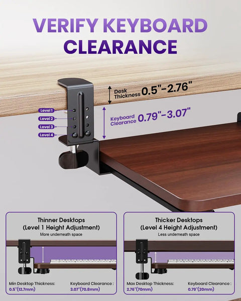 Under Desk Keyboard And Mouse Tray In Walnut Finish A Spacious 20 By 11 Point 8 Inch Board For Space Saving And Ergonomic Comfort For Your All Day Home And Office Setup, clamp detail