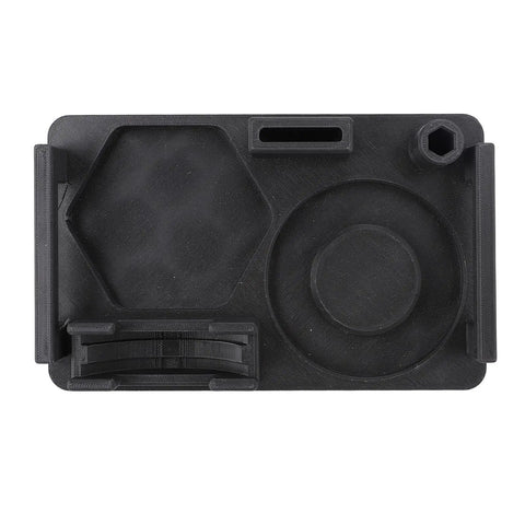 3D Printed Coffee Utensil Station Holder That Keeps Your Kitchen Counter Clean With A Slick Drip Catcher Tray black storage rack with hexagonal and circular compartments