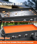 Slick Custom Fit Silicone Griddle Cover Rock Solid Anti Debris Shield For Flat Top BBQ Stations All Weather Backyard Cooking Protection No Hassle Heavy Duty Rubber Barrier shown with mat and without debris and water.