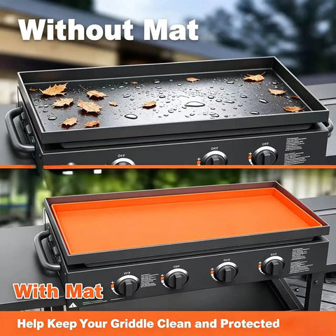 Slick Custom Fit Silicone Griddle Cover Rock Solid Anti Debris Shield For Flat Top BBQ Stations All Weather Backyard Cooking Protection No Hassle Heavy Duty Rubber Barrier shown with mat and without debris and water.