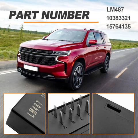 LED Flasher Relay For Turn Signal And Hazard Warning Replacement Fits 2003 2004 2005 2006 2007 GMT800 Vehicles Hummer Chevy Cadillac GMC Replaces 15764135 10383321 LM487 15231201, showing close-up details and a red SUV