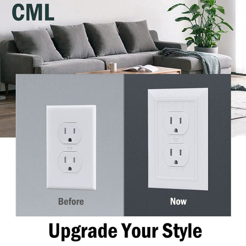 Before and after comparison of outlets with Vintage Wood Grain Beadboard Wall Plate 1 Gang Duplex Outlet Covers White