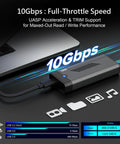 Sleek Aluminum M.2 NVMe SSD Enclosure With Smart Cooling Fan And Hassle Free Tool Free Build Delivers Blazing 10Gbps USB C Speed For 2280 2260 2242 Drives Keeping Your Rig Cool And Quiet Under Load showcasing speed performance stats.