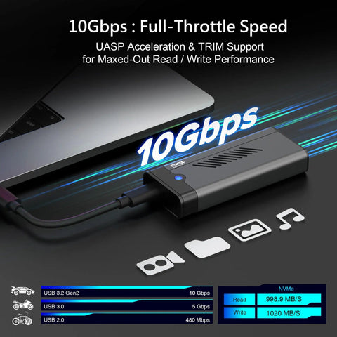 Sleek Aluminum M.2 NVMe SSD Enclosure With Smart Cooling Fan And Hassle Free Tool Free Build Delivers Blazing 10Gbps USB C Speed For 2280 2260 2242 Drives Keeping Your Rig Cool And Quiet Under Load showcasing speed performance stats.