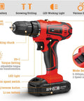 Compact 21V Cordless Drill Kit Featherweight Power Driver with variable speed, LED light, and self-locking chuck.