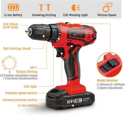 Compact 21V Cordless Drill Kit Featherweight Power Driver with variable speed, LED light, and self-locking chuck.
