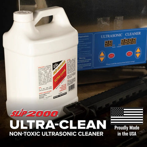 One Gallon Professional Workhorse Ultrasonic Cleaner Fluid Nukes Stubborn Cosmoline Carbon Buildup And Heavy Grease Residue Quickly Wiping Dirtiest Metal Parts Spotless in front of ultrasonic cleaner.