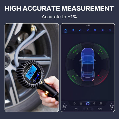 Digital Tire Pressure Gauge With Inflator And 250 PSI Heavy Duty Air Chuck Quick Connect Hose For Cars And Inflatables in use