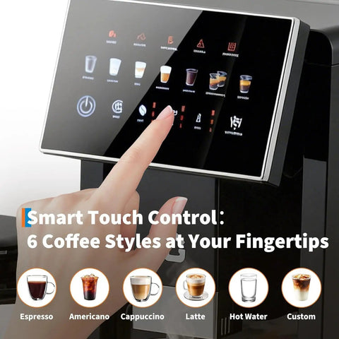 Heavy Duty Espresso Coffee Maker With Adjustable Grinder And Automatic Milk Frother, Featuring A Removable Brewer, Detachable Milk Cup, Triple Flavor Settings, And Sleek Black Finish For Game Changing Morning Sips, showing smart touch control panel.