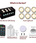 Package contents of Six Pack Battery Operated Puck Lights With Remote Control For Wireless Under Cabinet Kitchen Lighting