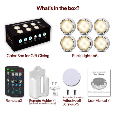 Package contents of Six Pack Battery Operated Puck Lights With Remote Control For Wireless Under Cabinet Kitchen Lighting