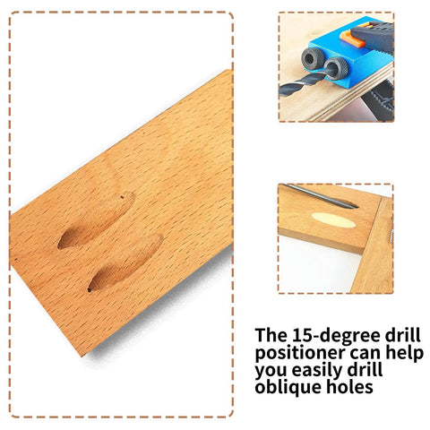 Pocket Hole Jig Kit For 15 Degree Woodworking, 14 Pcs Set with drill guide and 15-degree angled hole in wooden board