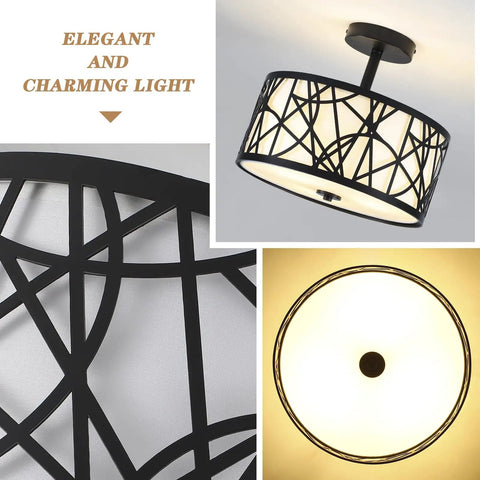 Elegant black and white ceiling fixture with geometric design, viewed from multiple angles showing detail and illumination.